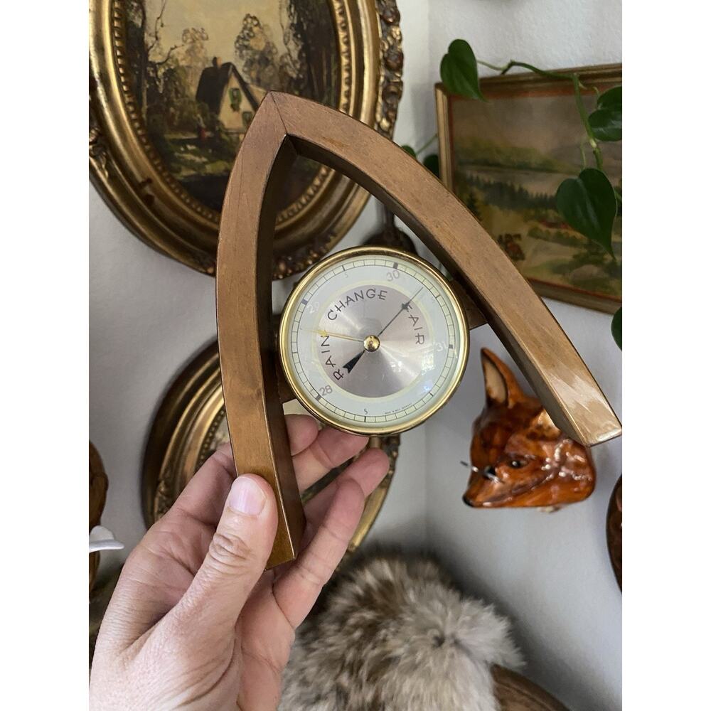 Vintage Midcentury Weather Barometer Wood Tabletop Barometer